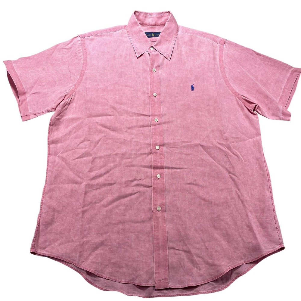 Ralph Lauren Shirt Mens Large Pink Linen Solid Short Sleeve Button Front Pony RL